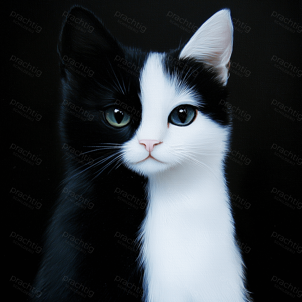 Zwart-witte kat op donkere achtergrond