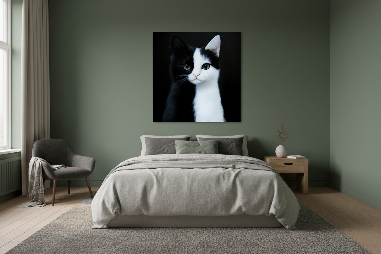 Zwart-witte kat op donkere achtergrond
