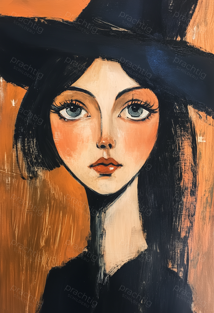 Vrouw met hoed op oranje achtergrond