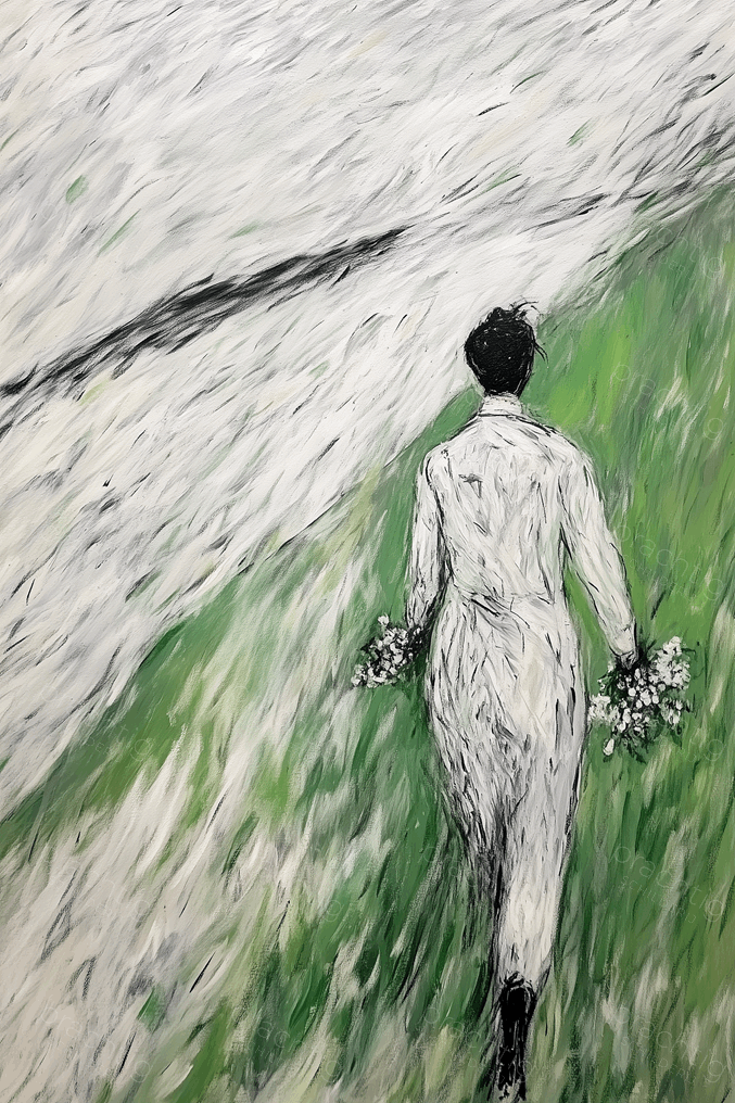 Wandelaar met bloemen in de wind