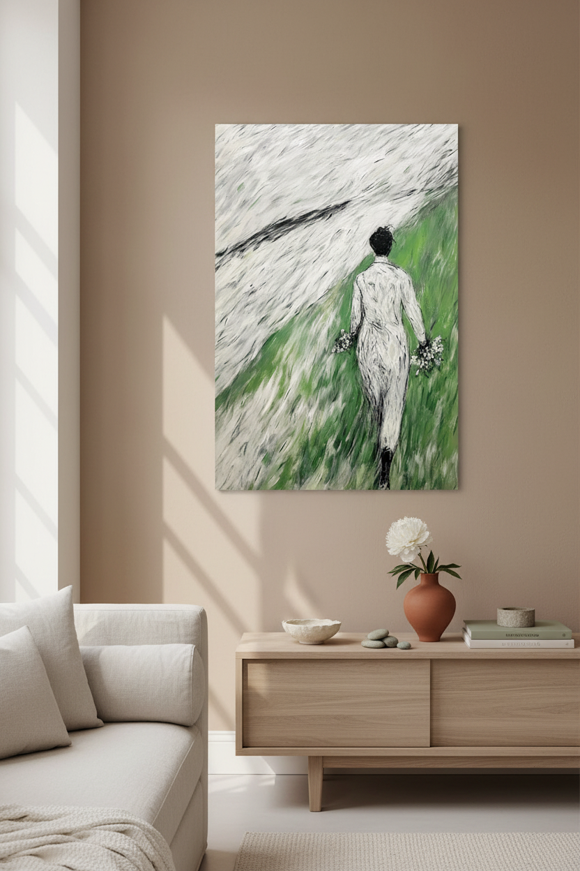Wandelaar met bloemen in de wind