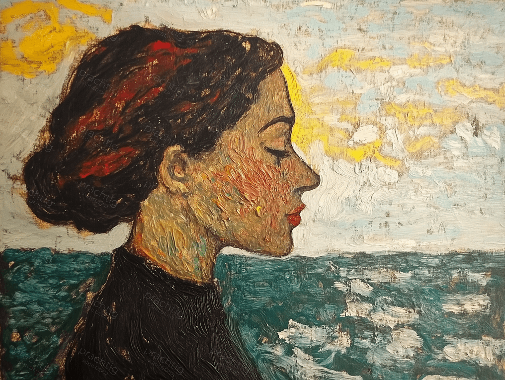 Vrouw in de wind bij zee
