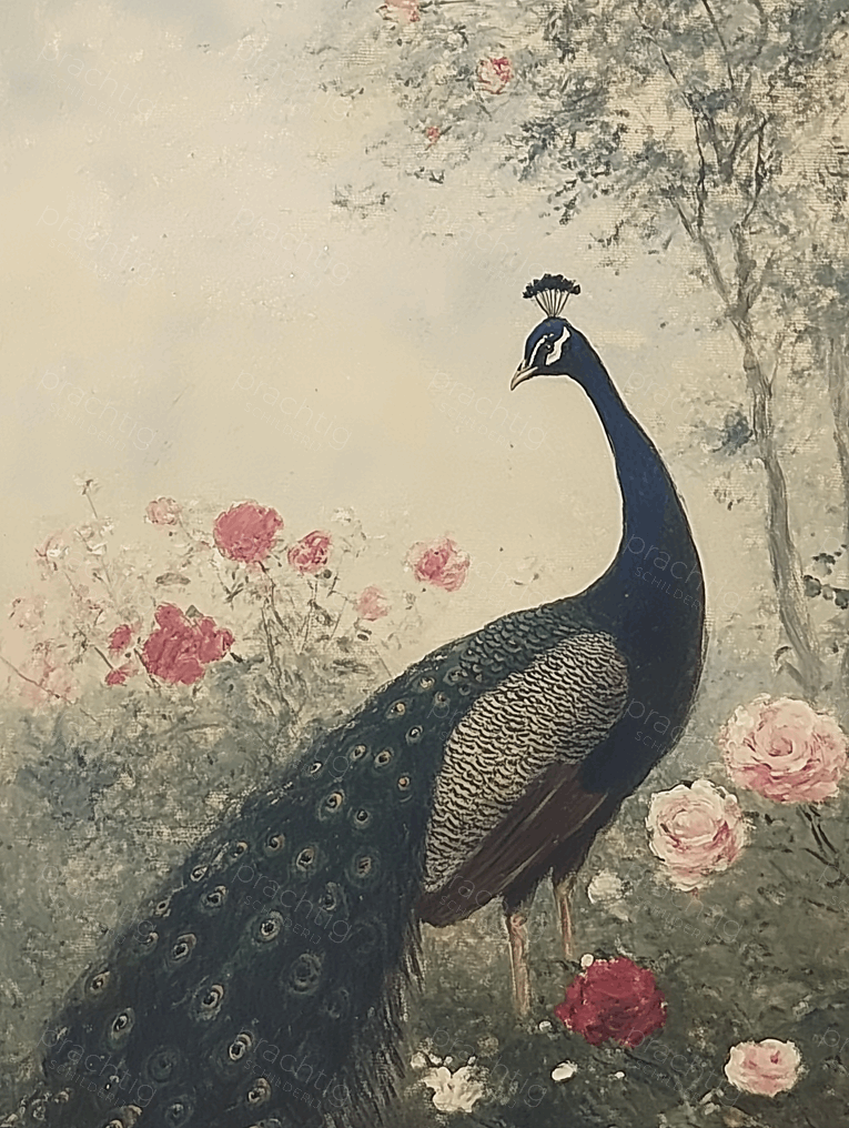 Pauw tussen rozen in de tuin