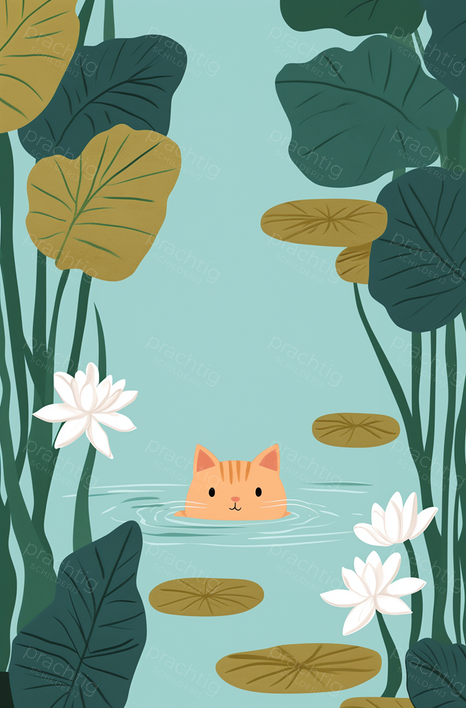 Kat in vijver met waterlelies