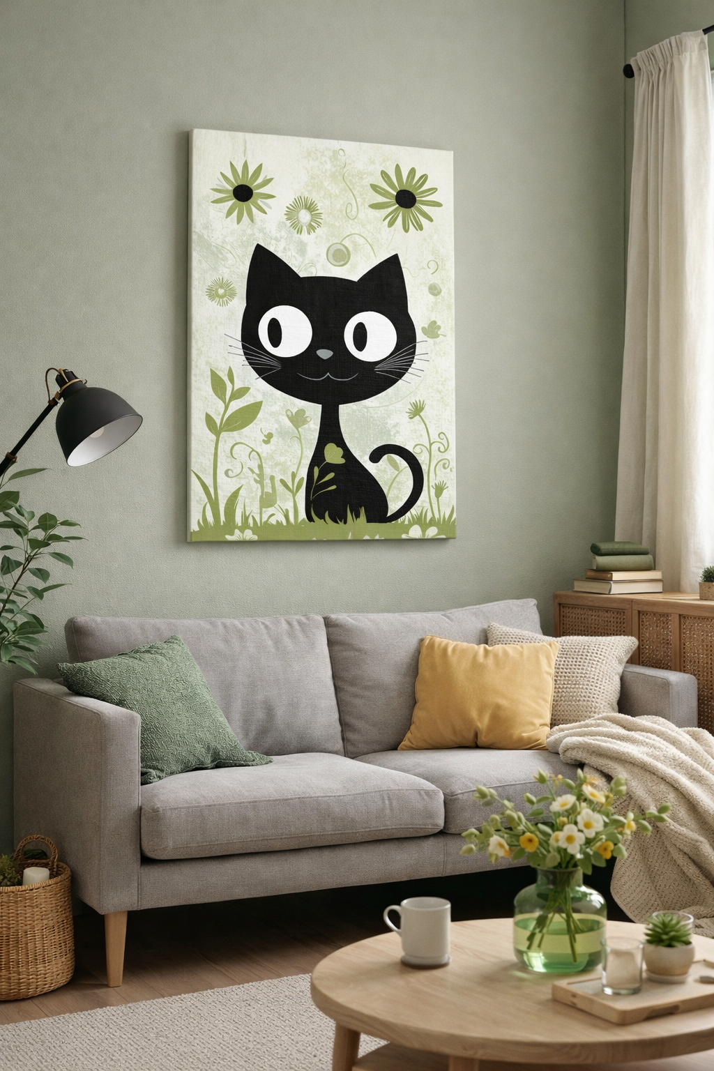 Zwarte Kat in Groene Tuin