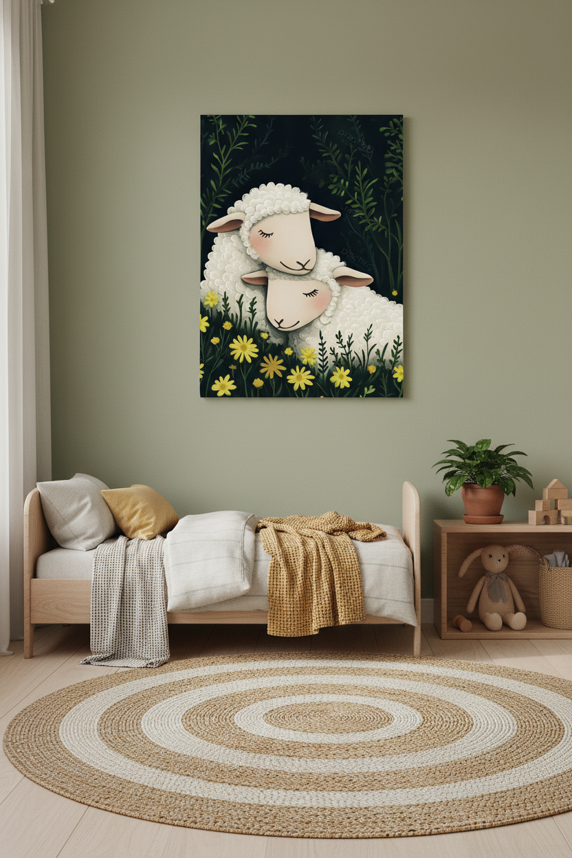Slapende schapen in bloemenveld