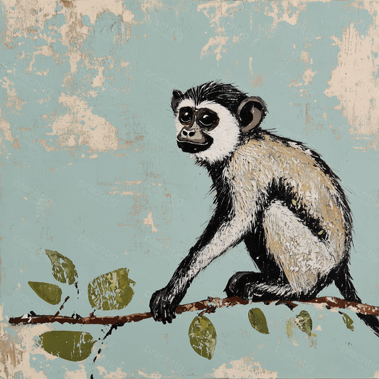 Aap op tak met blauwe achtergrond