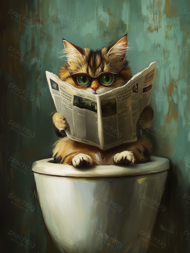 Kat met krant op toilettafel
