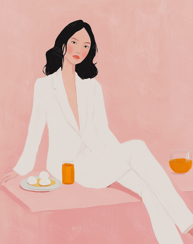 Vrouw in witte outfit op roze