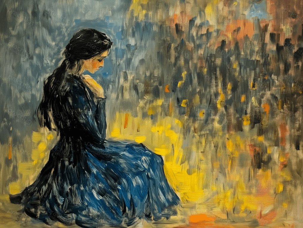 Reflecterende vrouw in blauwe jurk