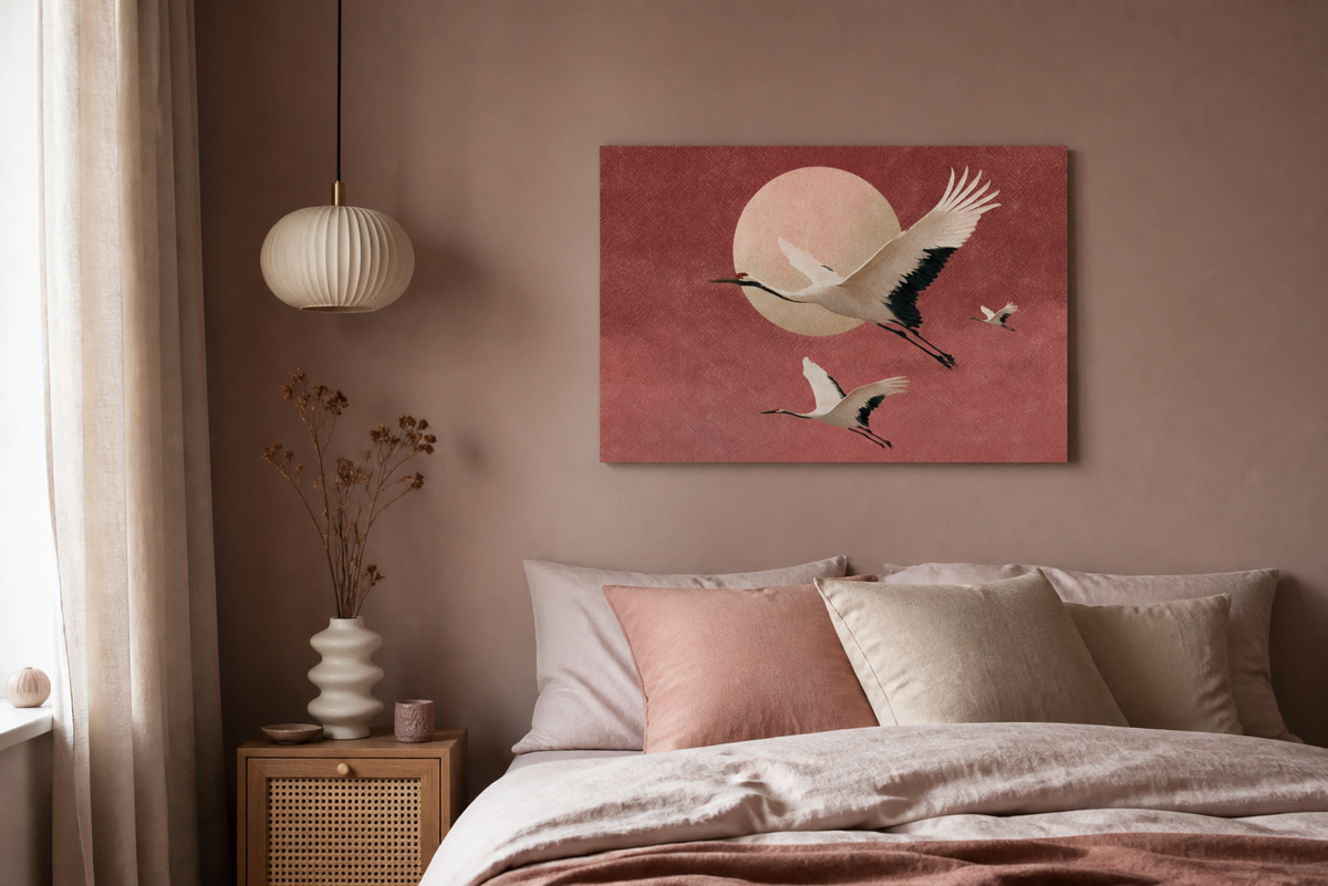 Vliegende kraanvogels bij zonsondergang