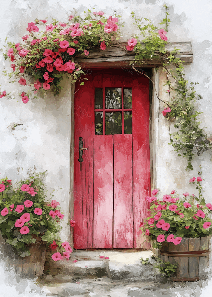 Rode deur met bloemenpracht