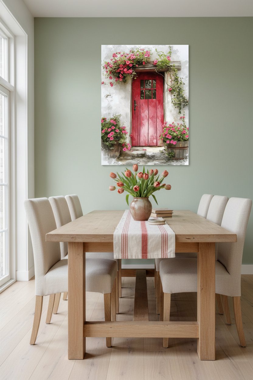 Rode deur met bloemenpracht