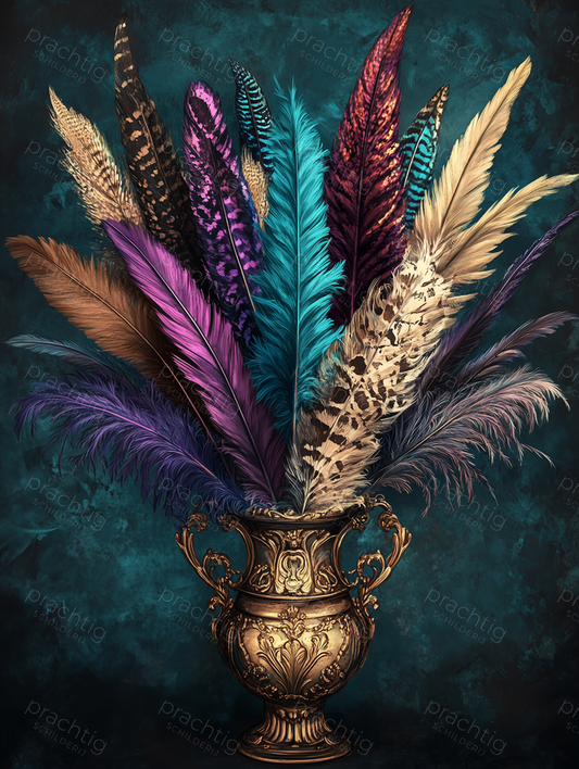 Kleurrijke veren in gouden vaas