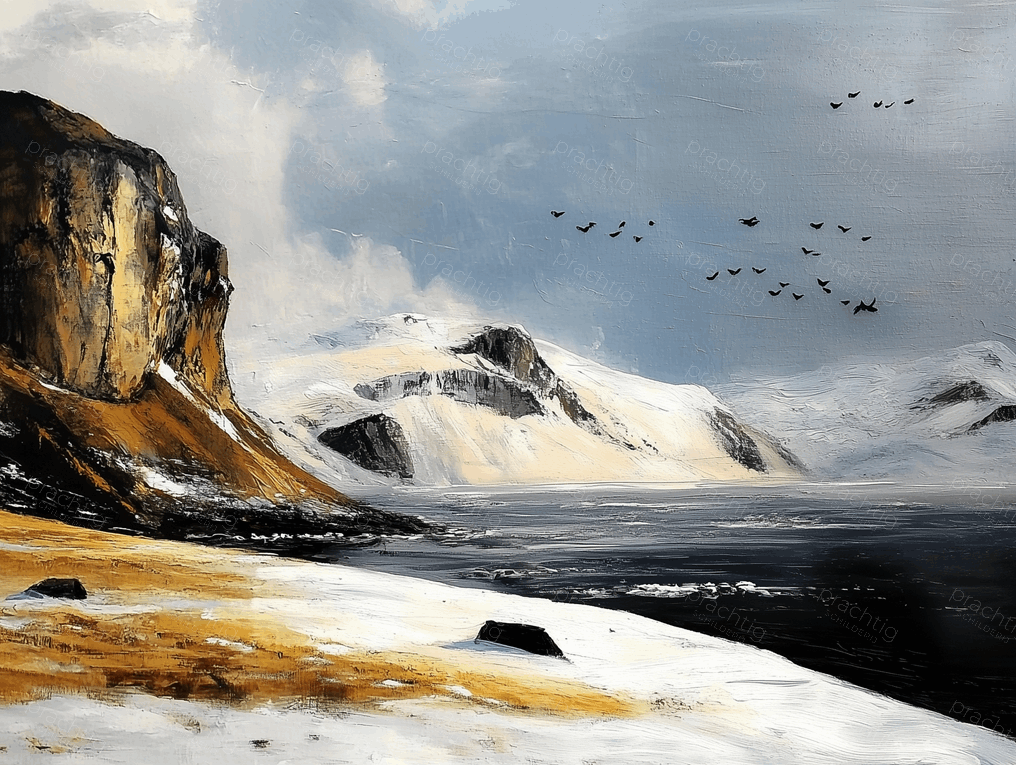 Rotsachtige kust met besneeuwde bergen