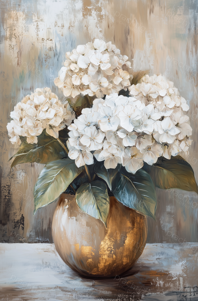 Witte Hortensia's in Gouden Vaas
