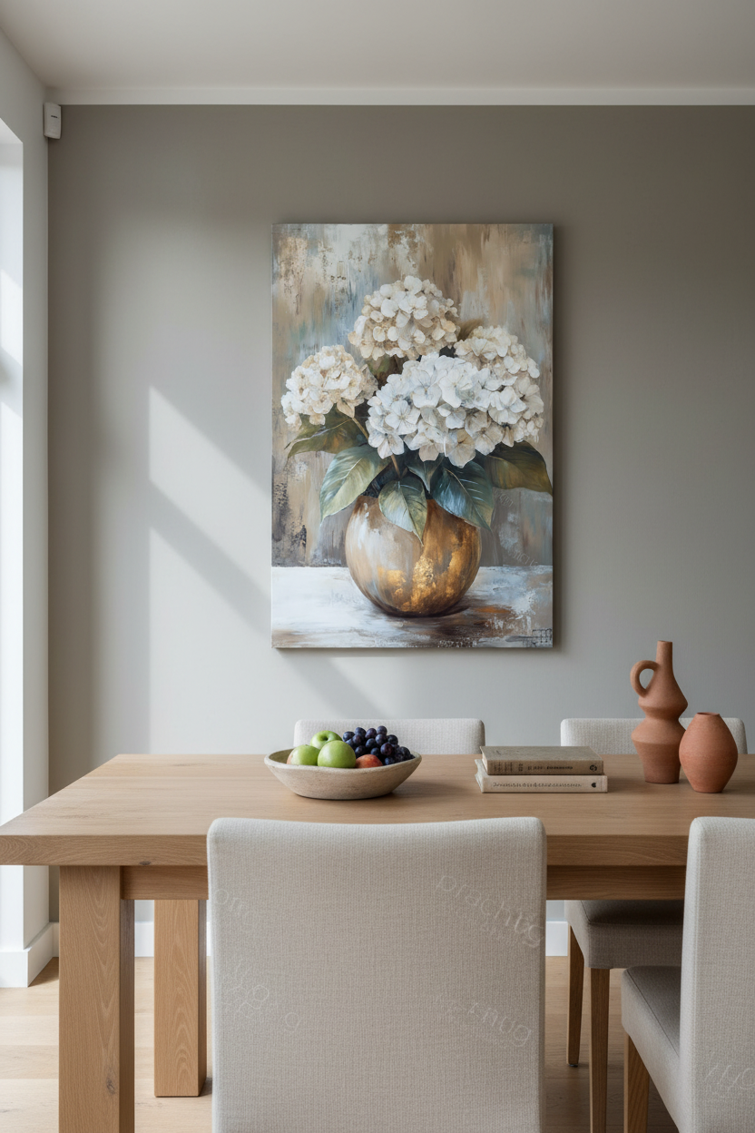 Witte Hortensia's in Gouden Vaas