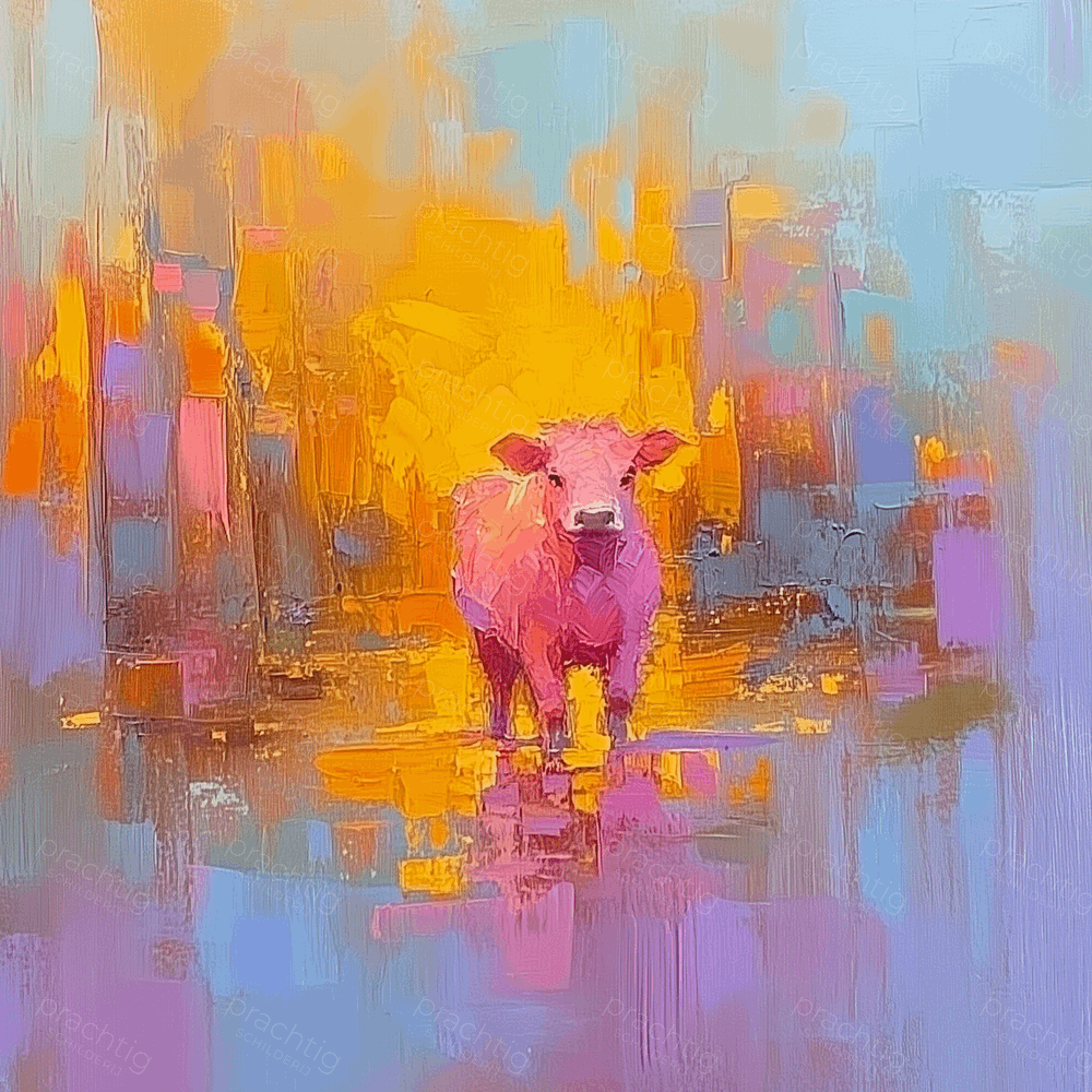 Roze Koe in Kleurrijke Stad