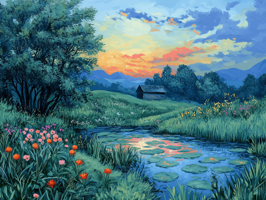 Avondzon Over Bloeiende Weide