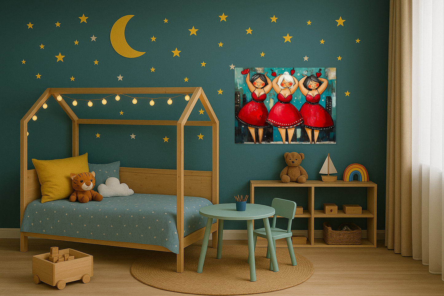 Dansende dames in rode jurken