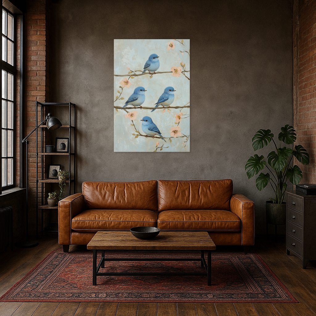 Blauwe vogels op bloesemtakken