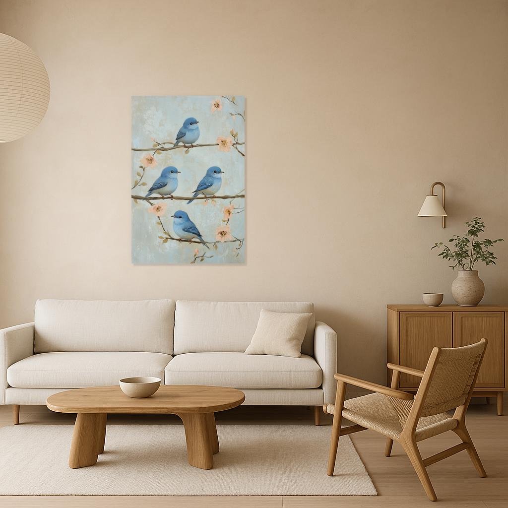 Blauwe vogels op bloesemtakken