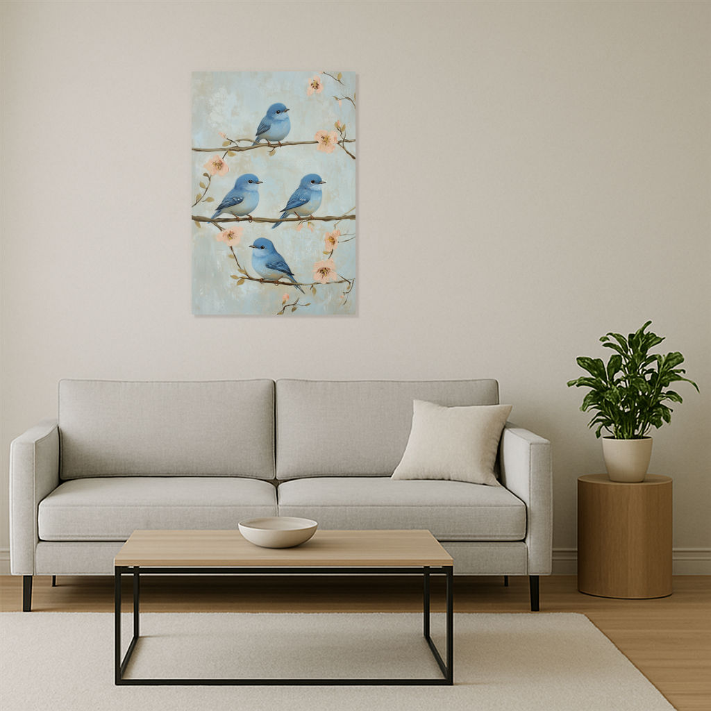 Blauwe vogels op bloesemtakken