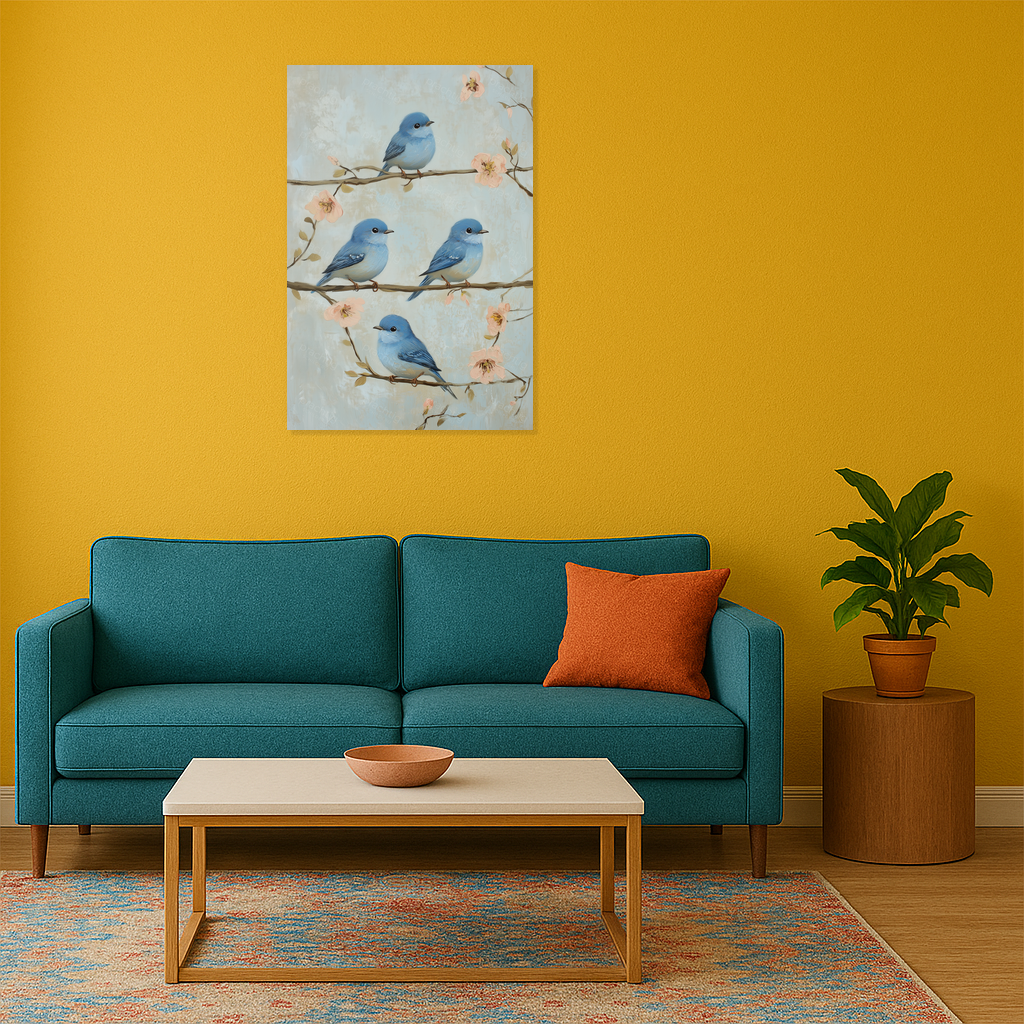 Blauwe vogels op bloesemtakken