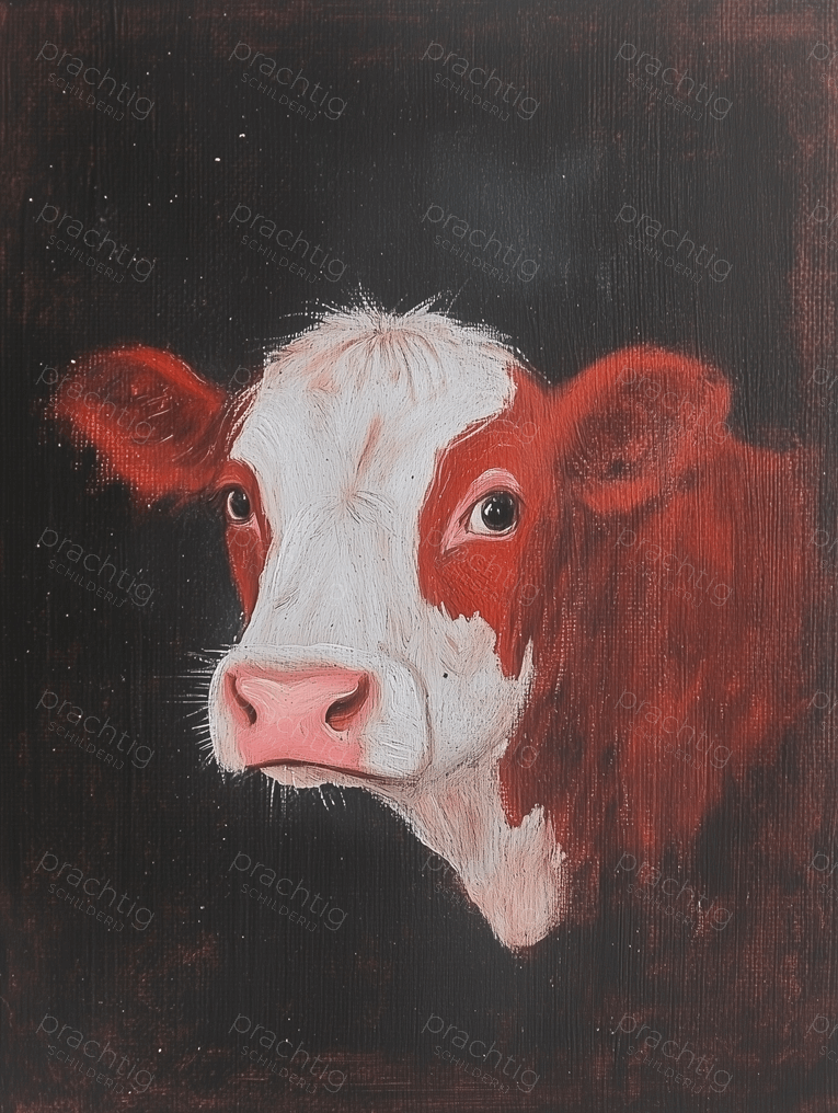 Bruin-witte koe tegen donkere achtergrond