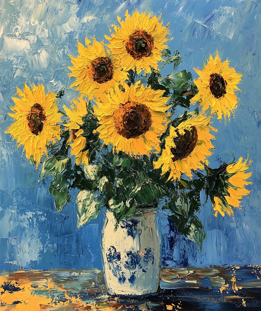 Stralende Zonnebloemen in Blauwe Vaas