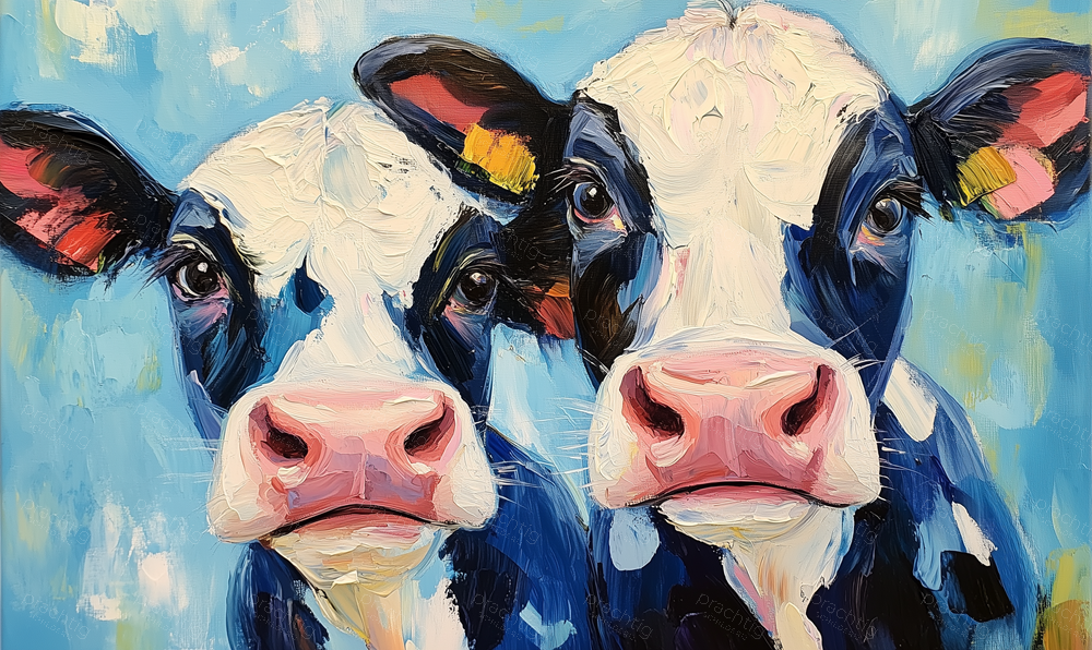 Vrolijke Koeien Op Blauwe Achtergrond