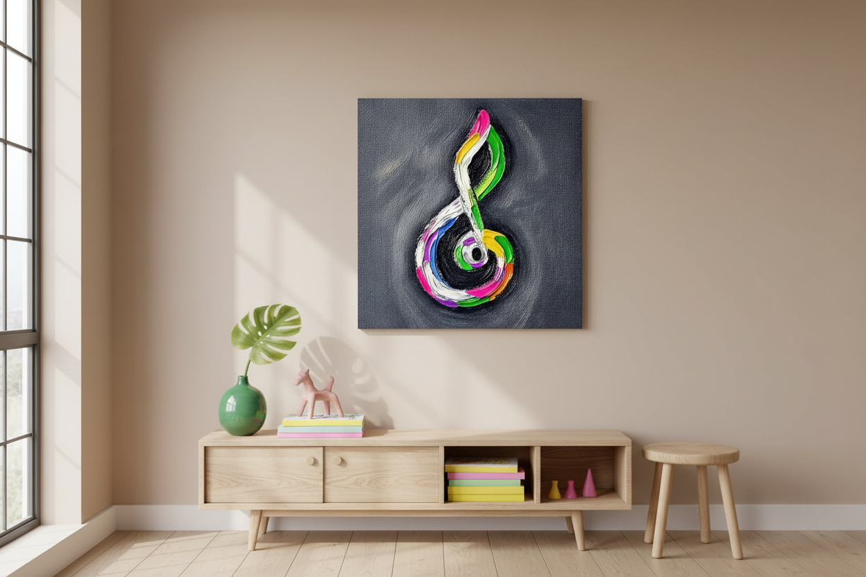 Kleurrijke muzieknoot op donker canvas