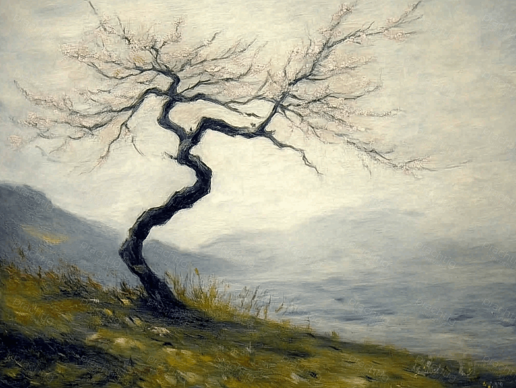 Eenzame boom in mistig landschap