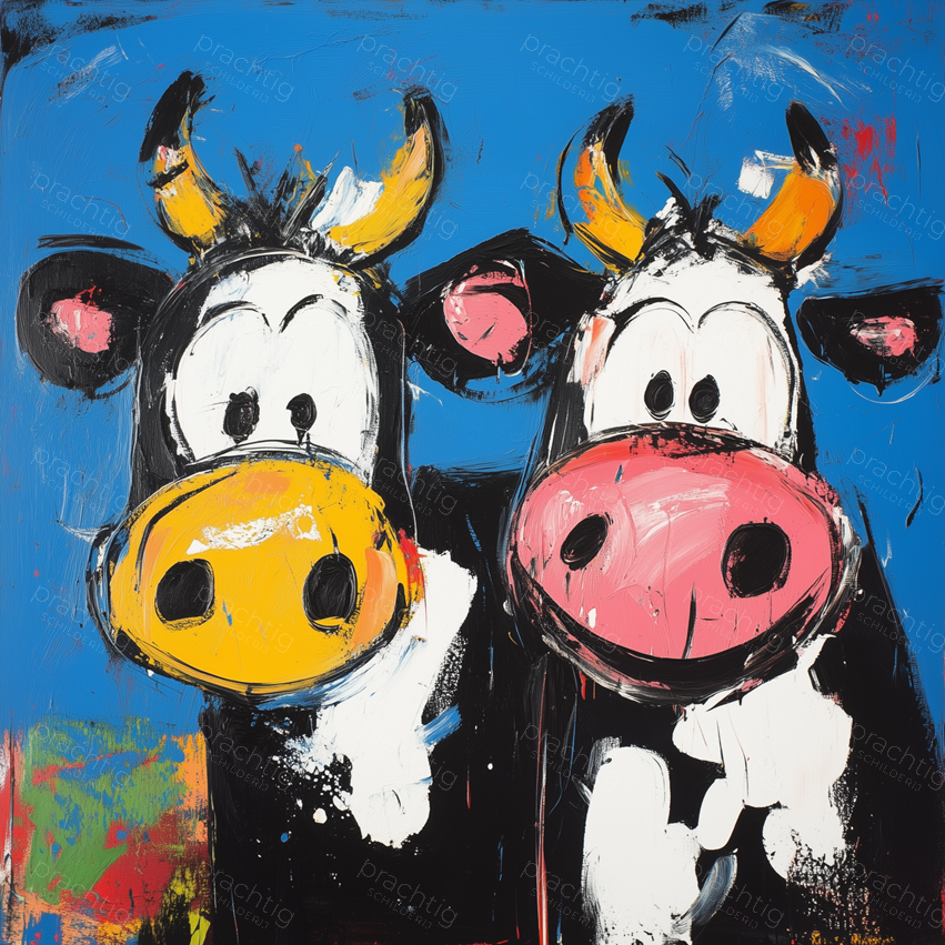 Twee vrolijke koeien op blauw