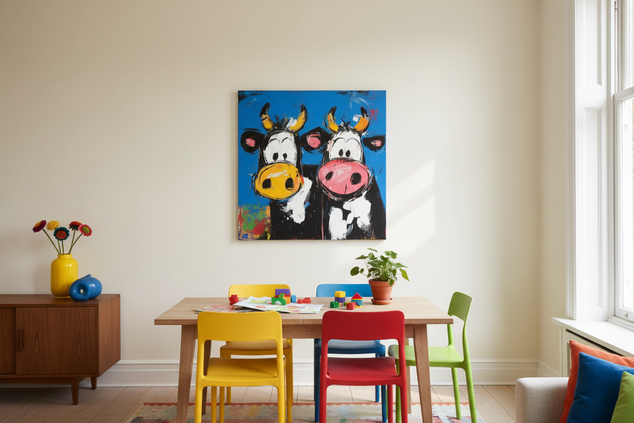 Twee vrolijke koeien op blauw
