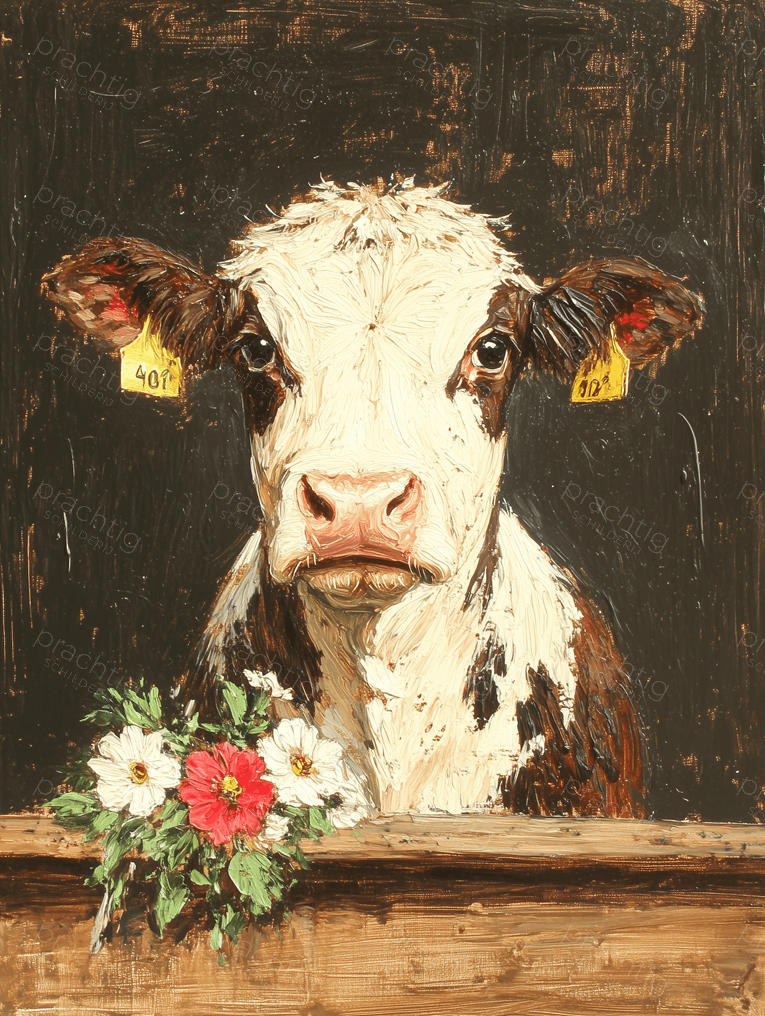 Nieuwsgierige koe met bloemen