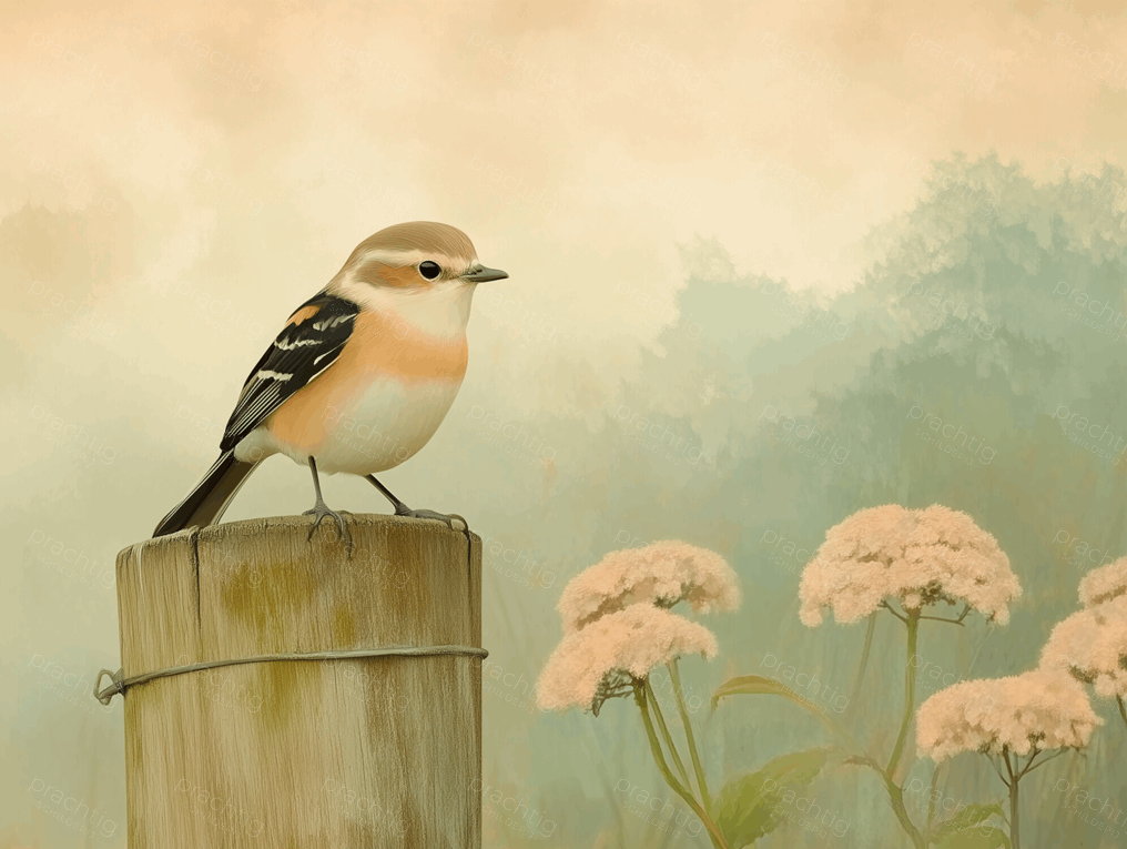 Vogel op houten paal bij bloemen