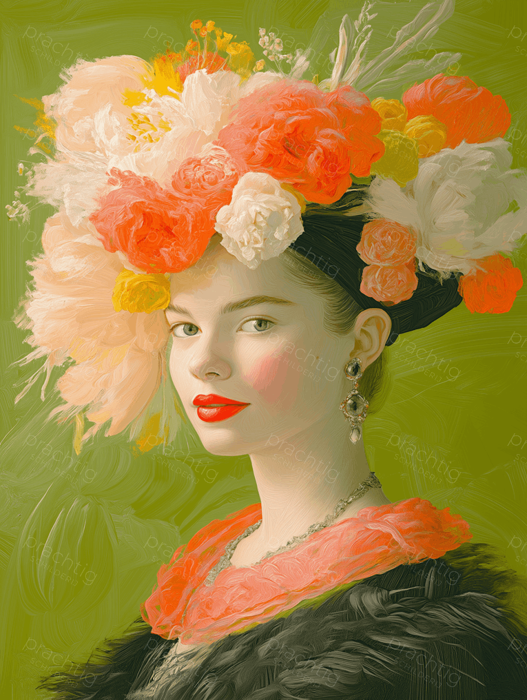 Vrouw met Bloemenhoed en Rode Lippen