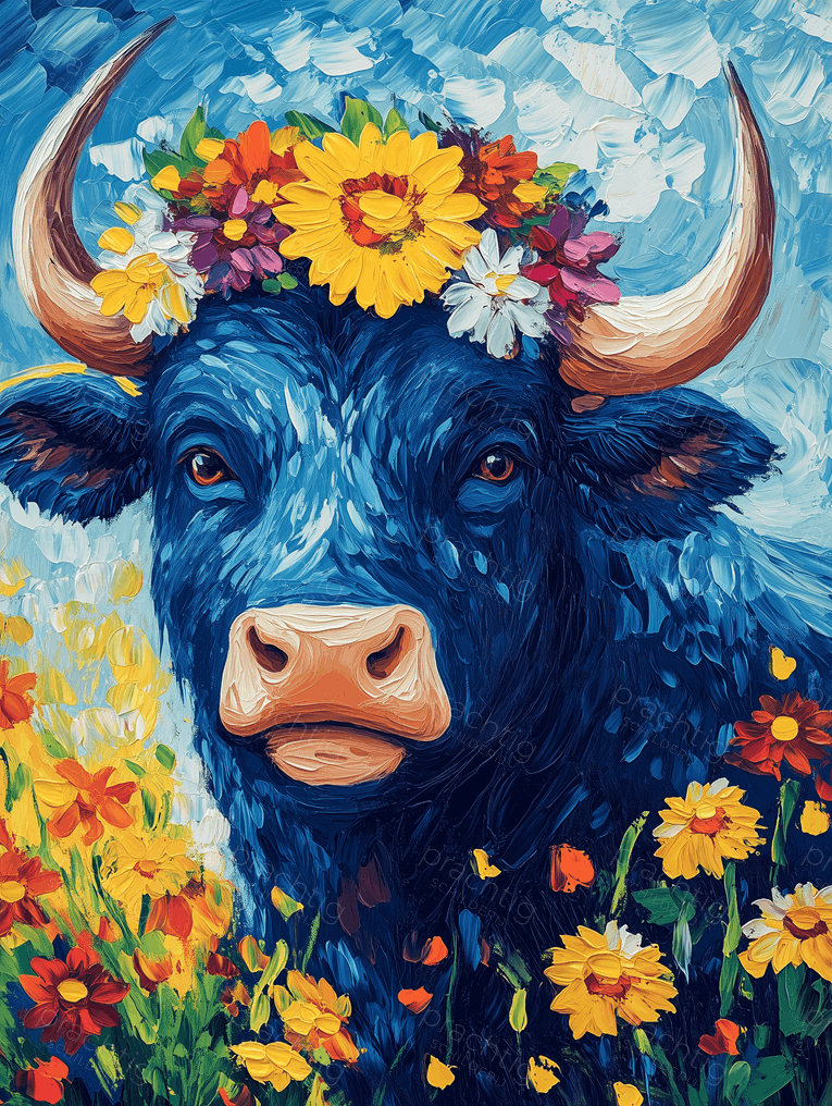 Kleurrijke stier met bloemenkrans