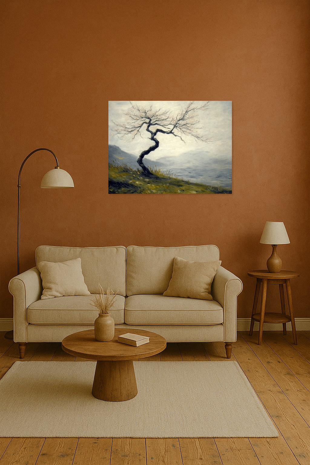 Eenzame boom in mistig landschap