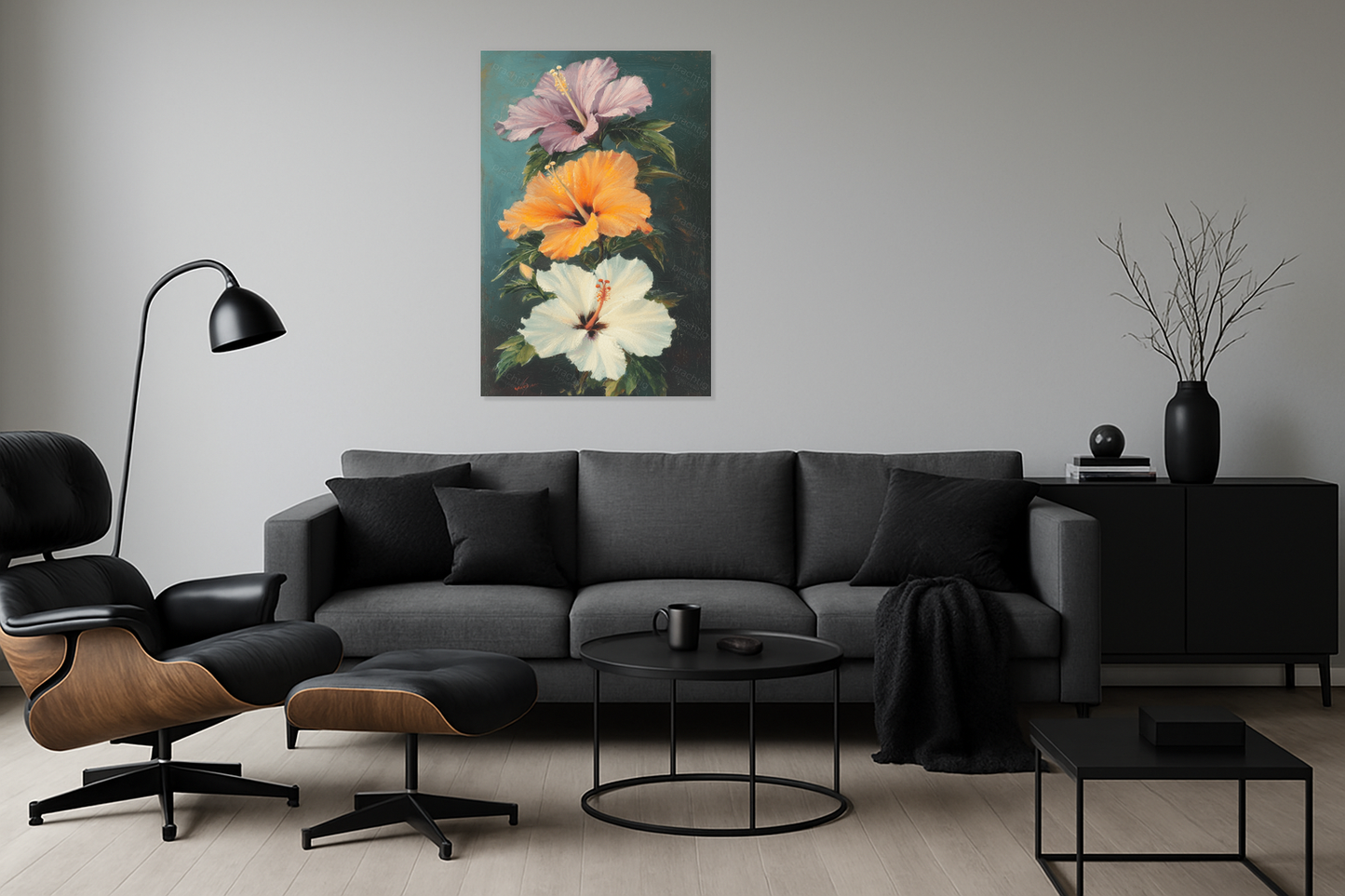 Drie hibiscusbloemen in volle bloei