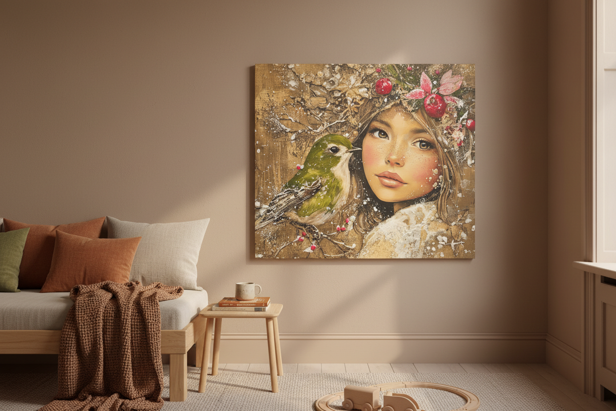 Meisje met vogel en rode bessen