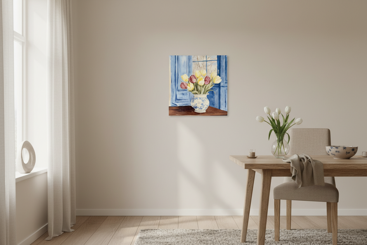 Tulpen in zonlicht bij raam