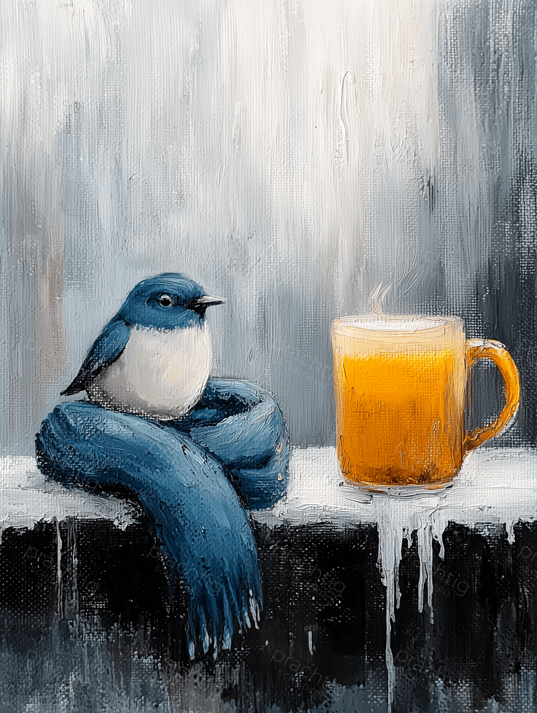 Blauw vogeltje en warme mok