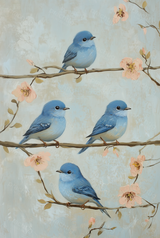 Blauwe vogels op bloesemtakken