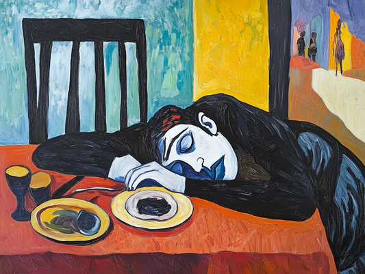 Slapende figuur aan tafel