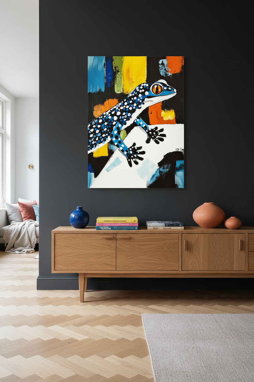 Blauwgestipte hagedis met felle kleuren