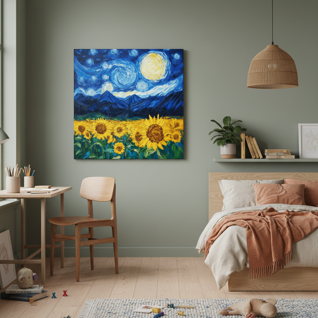 Sterrennacht boven zonnebloemveld