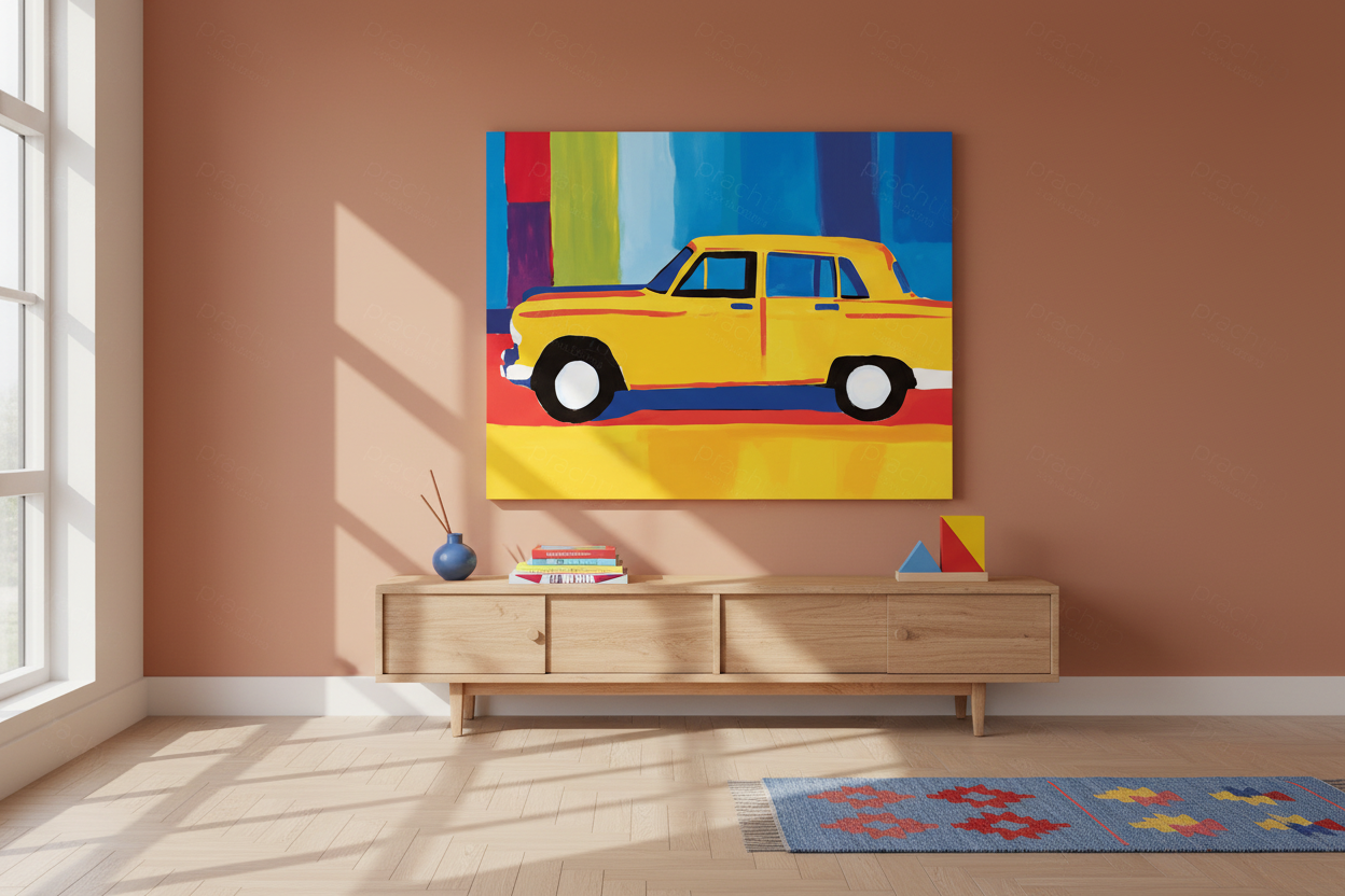 Retro gele auto tegen kleurrijke achtergrond