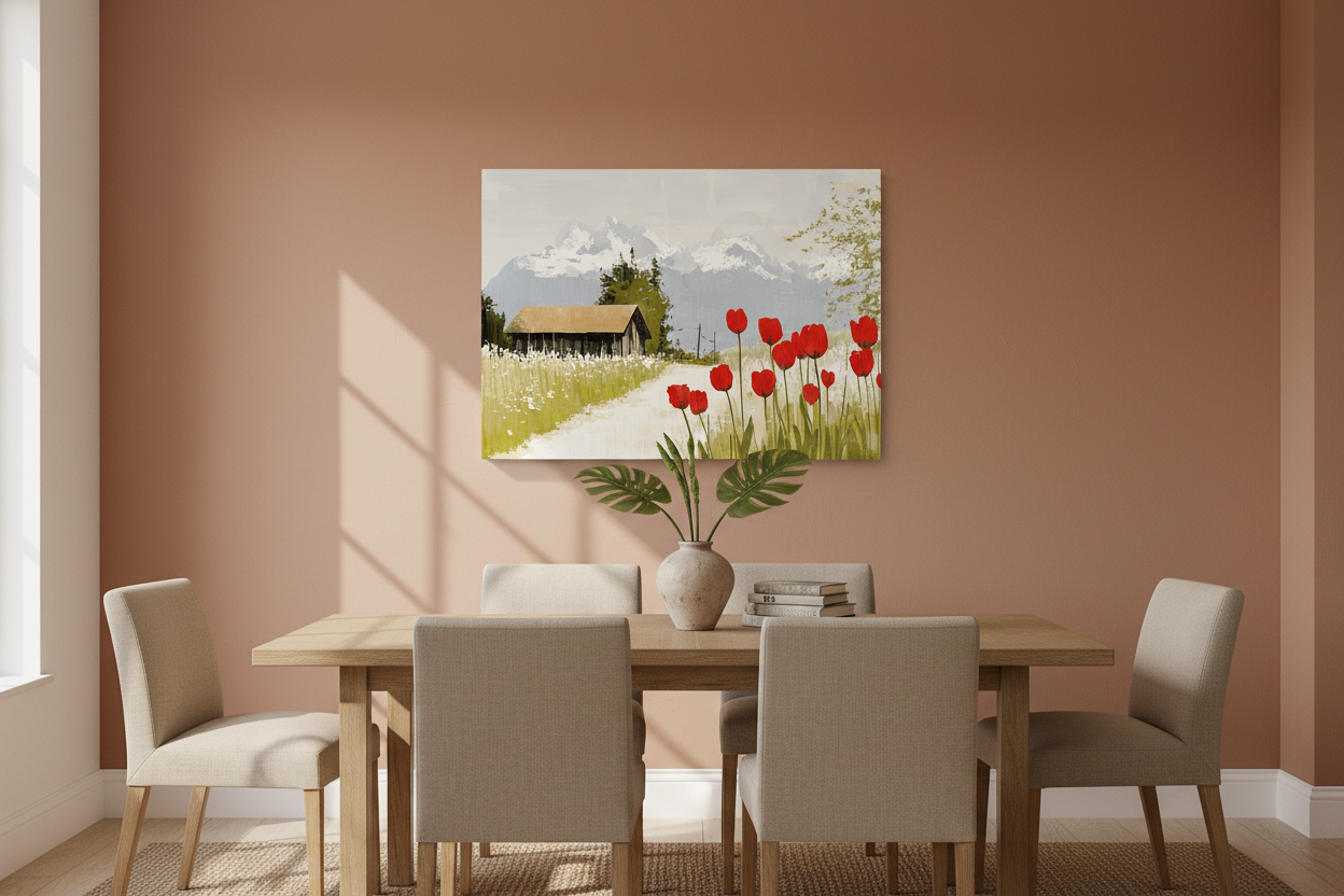 Rode tulpen voor een berghut
